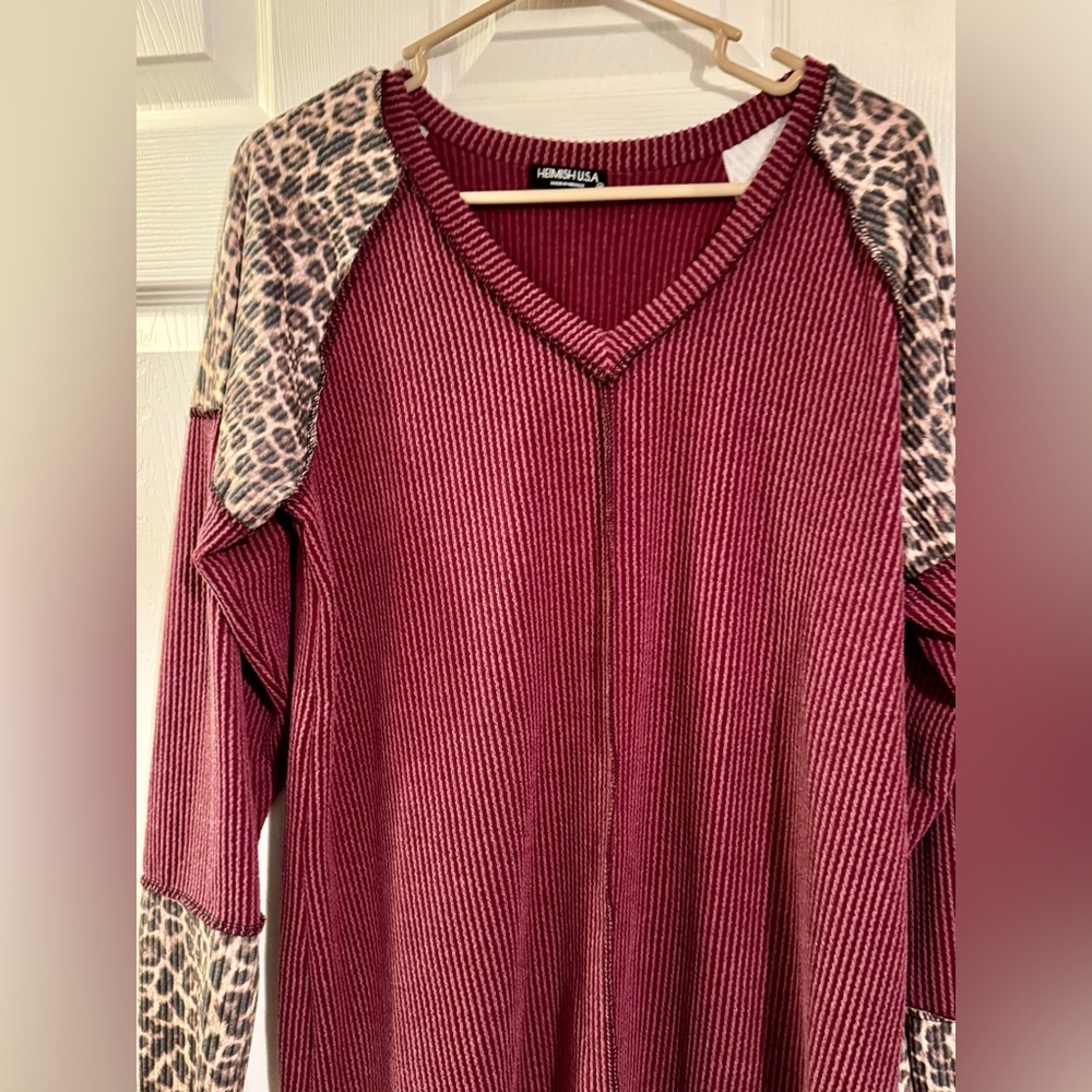 HEIMISH USA Urban Ribbed Burgundy Top With Animal Print Sleeves